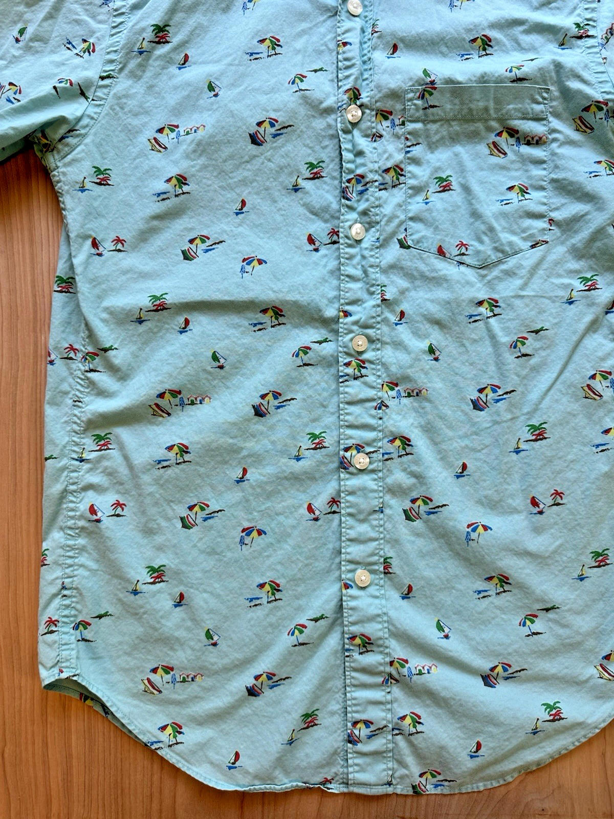 J CREW OXFORD beach print BUTTON UP teal SAILBOAT xtra small PREPPY