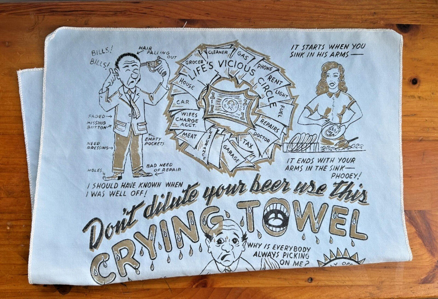 vintage 50's 60's bar ware TEA crying TOWEL cartoon comedy TATTOO FLASH