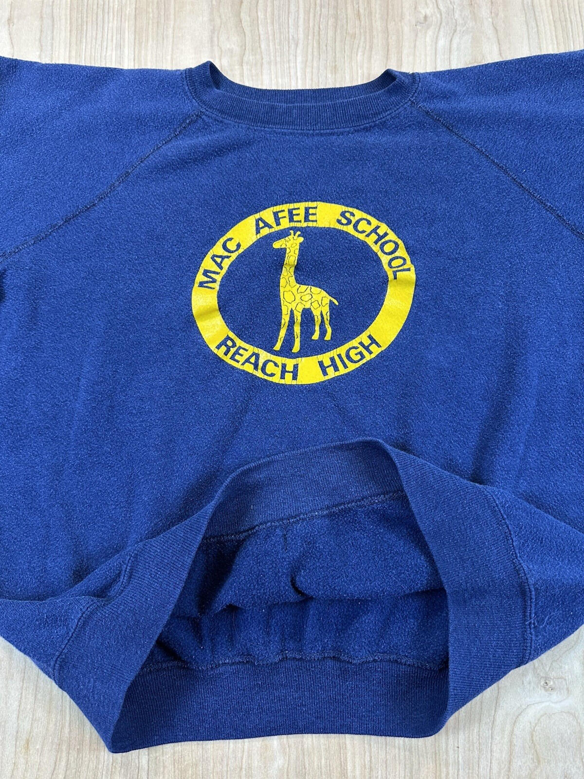 vintage 80's MAC AFEE SCHOOL sweatshirt GIRAFFE raglan BLUE small SOFT WORN wow