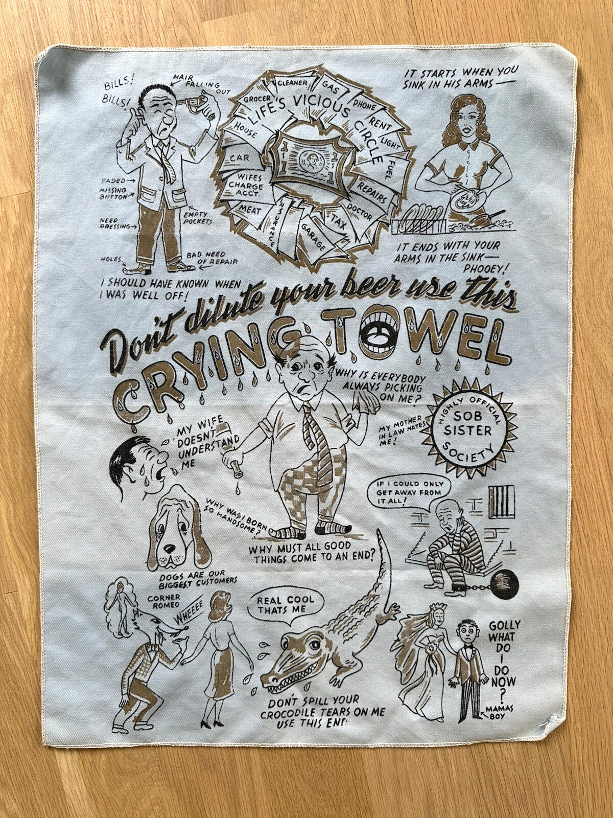vintage 50's 60's bar ware TEA crying TOWEL cartoon comedy TATTOO FLASH