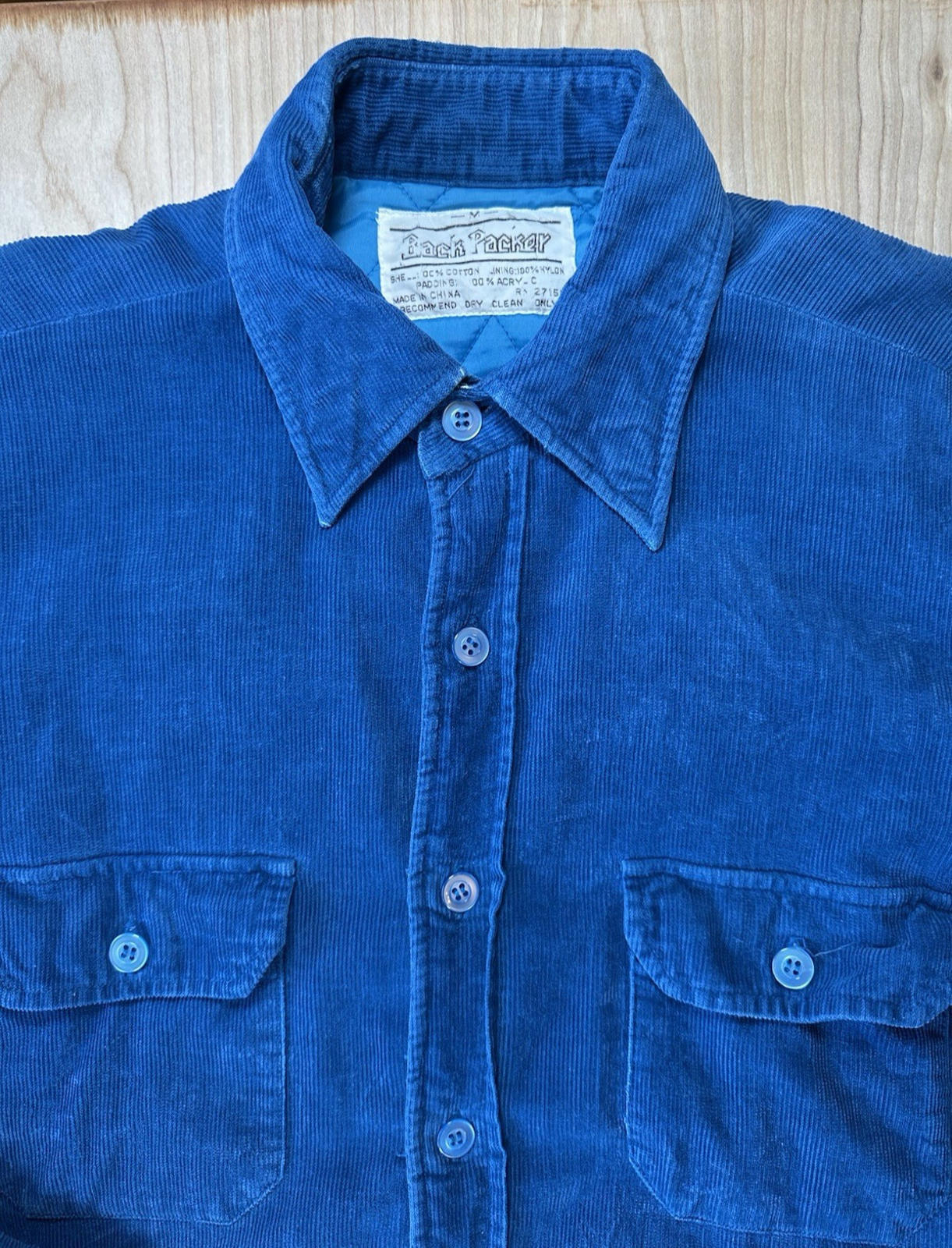 vintage 80's BACK PACKER blue CORDOROY quilted BUTTON UP pocket FIELD COAT gorp