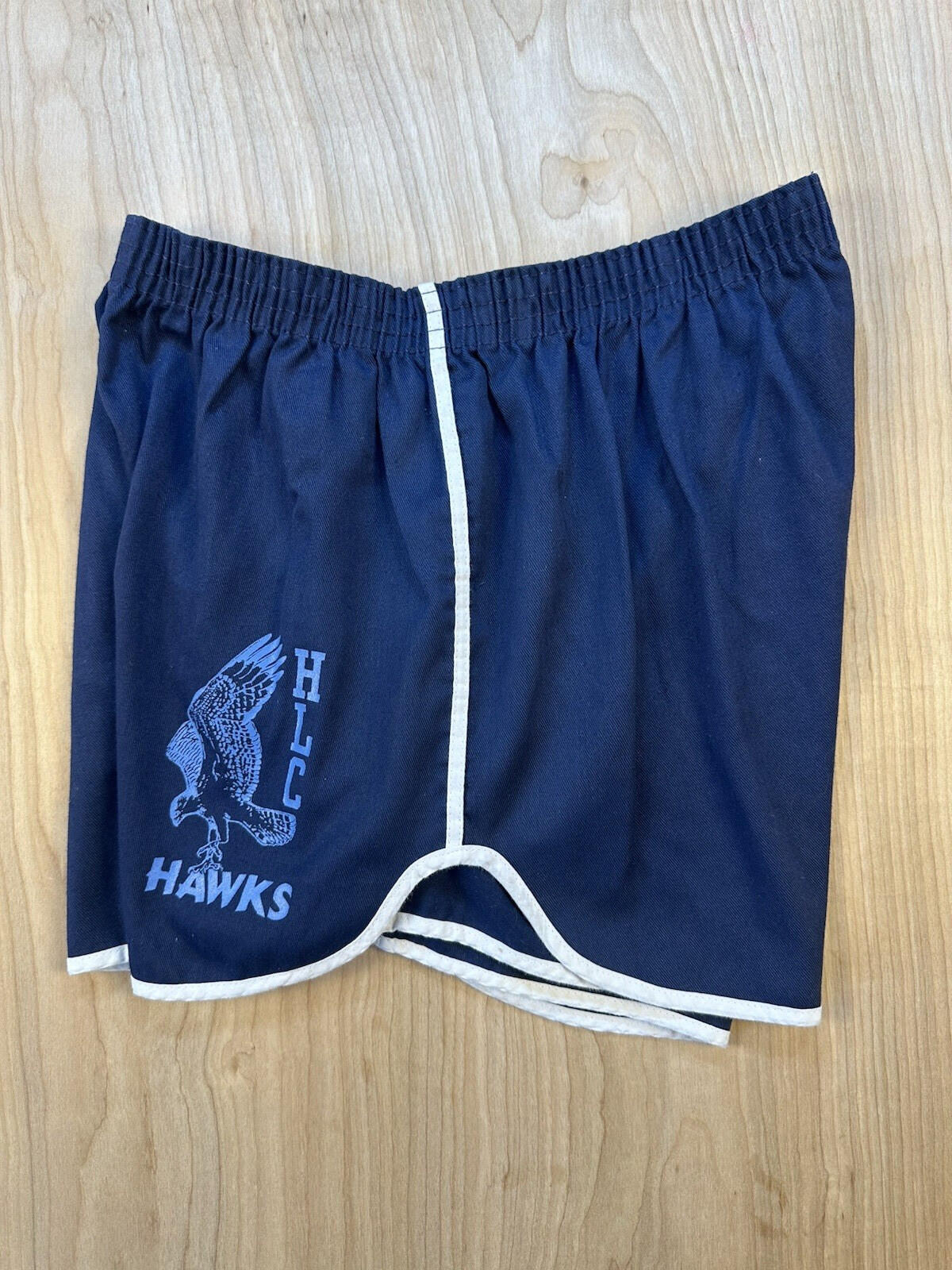 vintage 80's GYM SHORTS large BLUE with WHITE PIPING velva sheen HAWKS LOGO usa