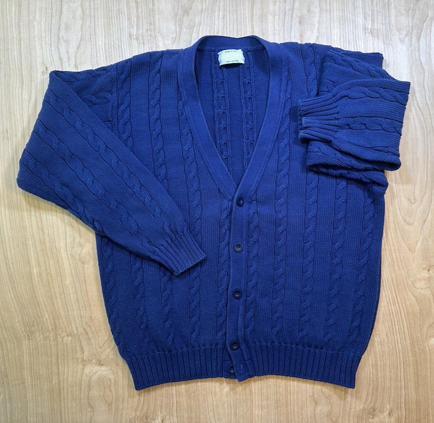 vintage 90's BENETTON cardigan STRANGER THINGS blue COTTON cable knit ITALY prep