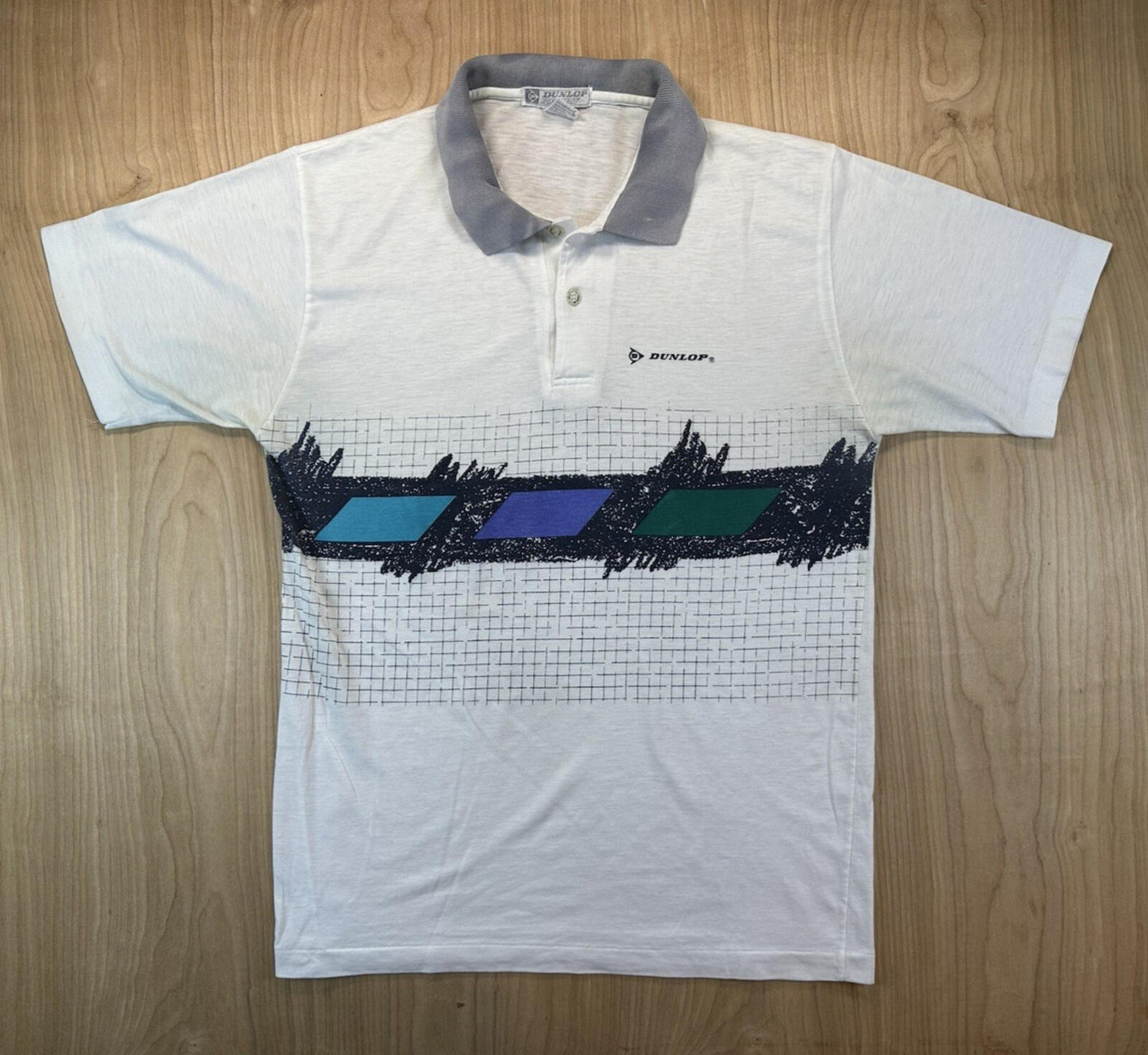vintage 90's DUNLOP super faded POLO geometric design MEDIUM teal PURPLE preppy