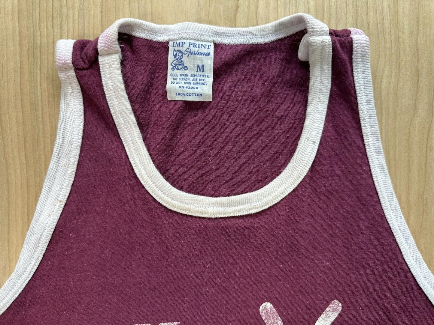 vintage 1970's U MASS WOMEN'S CREW tank top MAROON ringer MEDIUM worn imp print
