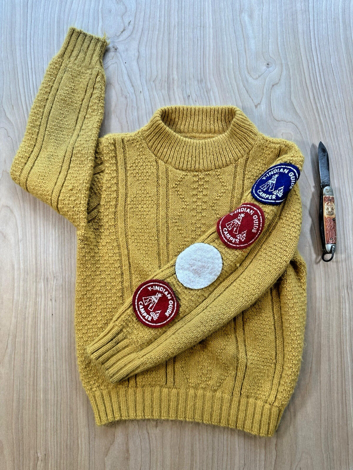 vintage kid size mustard yellow BOY SCOUT SWEATER mock neck home made 1970's