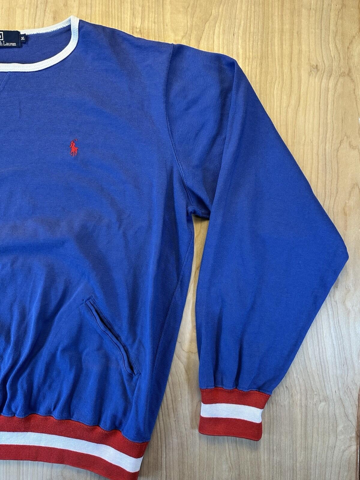vintage POLO crewneck SWEATSHIRT red white blue STRIPE pockets XTRA LARGE