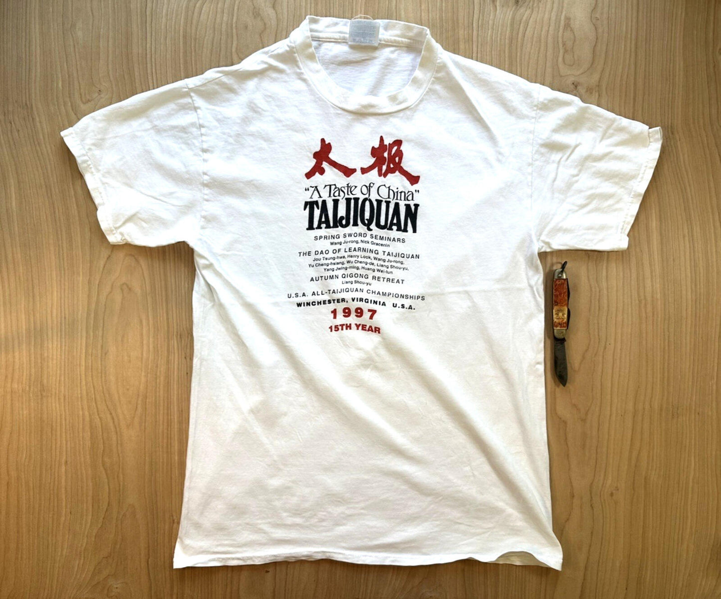 vintage 1997 TAIJIQUAN tai chi retreat T SHIRT hanes BEEFY T medium DAO swords