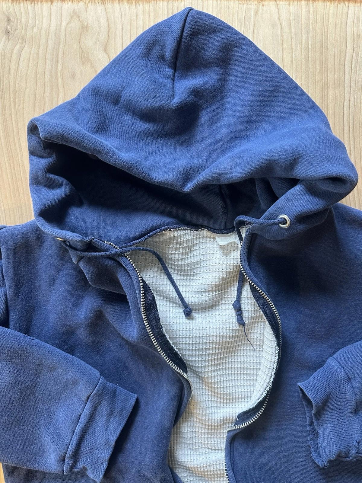 vintage 70's WAFFLE lined DBL HOODED zip up SWEATSHIRT shredded YKK ZIP faded