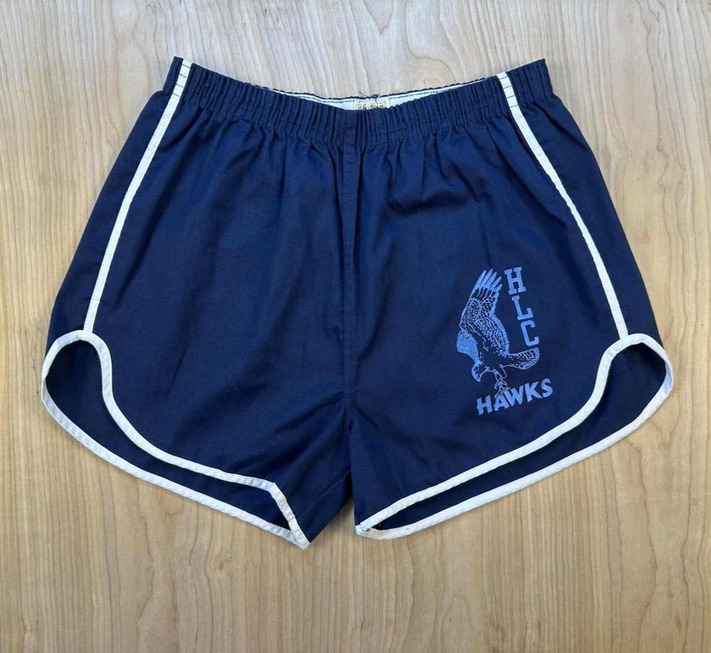 vintage 80's GYM SHORTS large BLUE with WHITE PIPING velva sheen HAWKS LOGO usa
