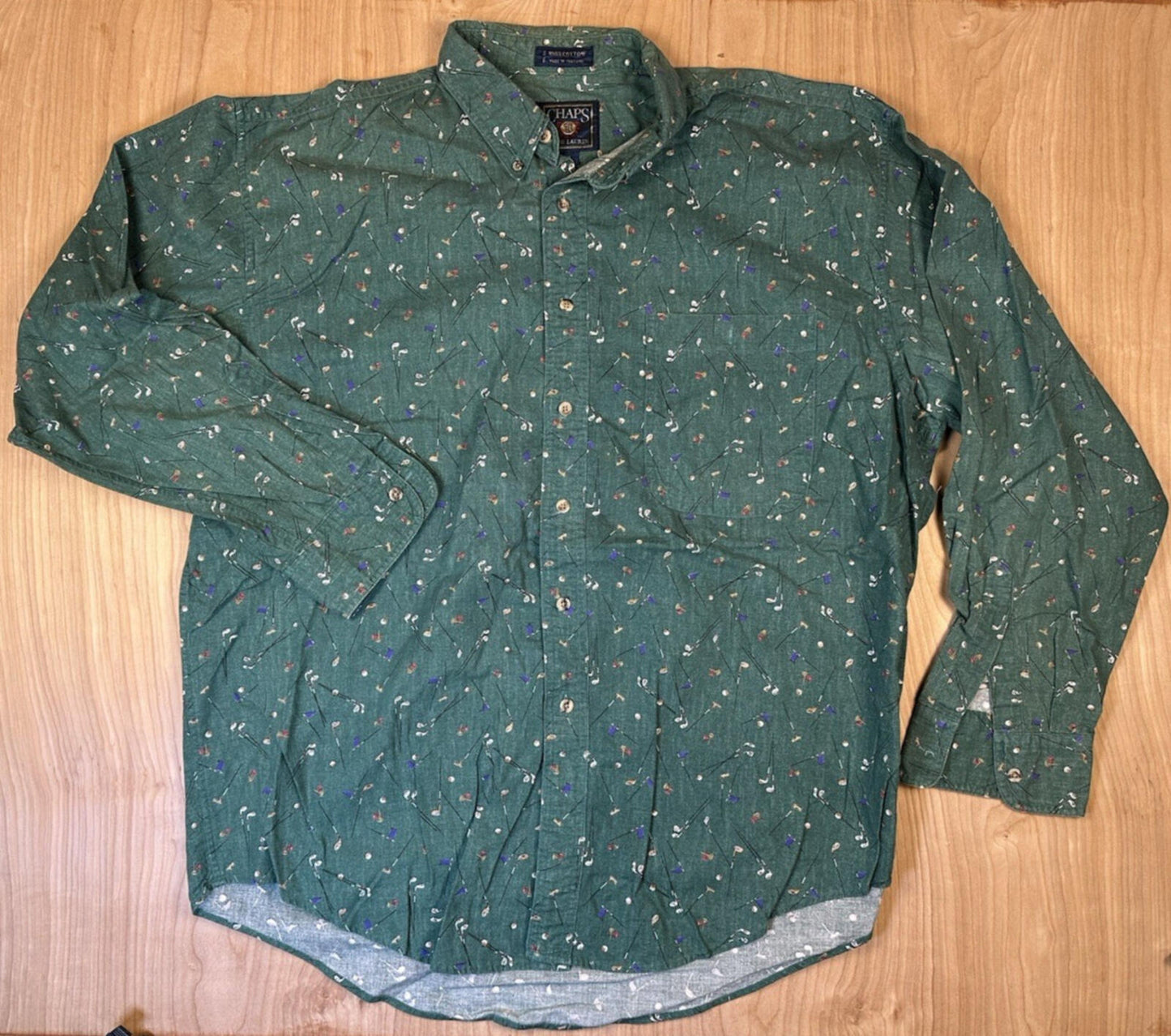 vintage 90's CHAPS RALPH LAUREN button down ALL OVER GOLF PRINT cotton XL green