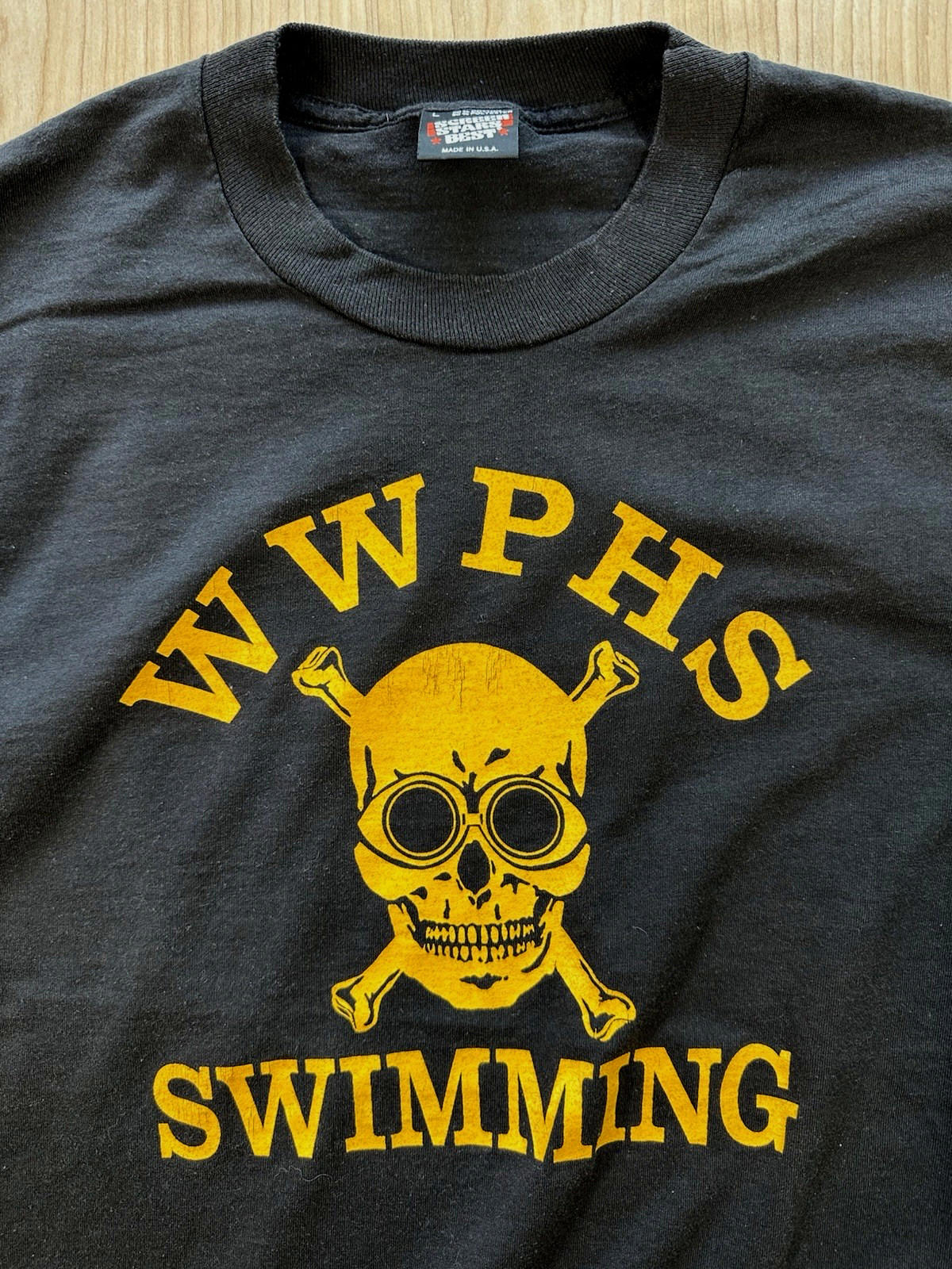 1988 black long sleeve SCREEN STARS swimming champs SKULL NJ size L high school