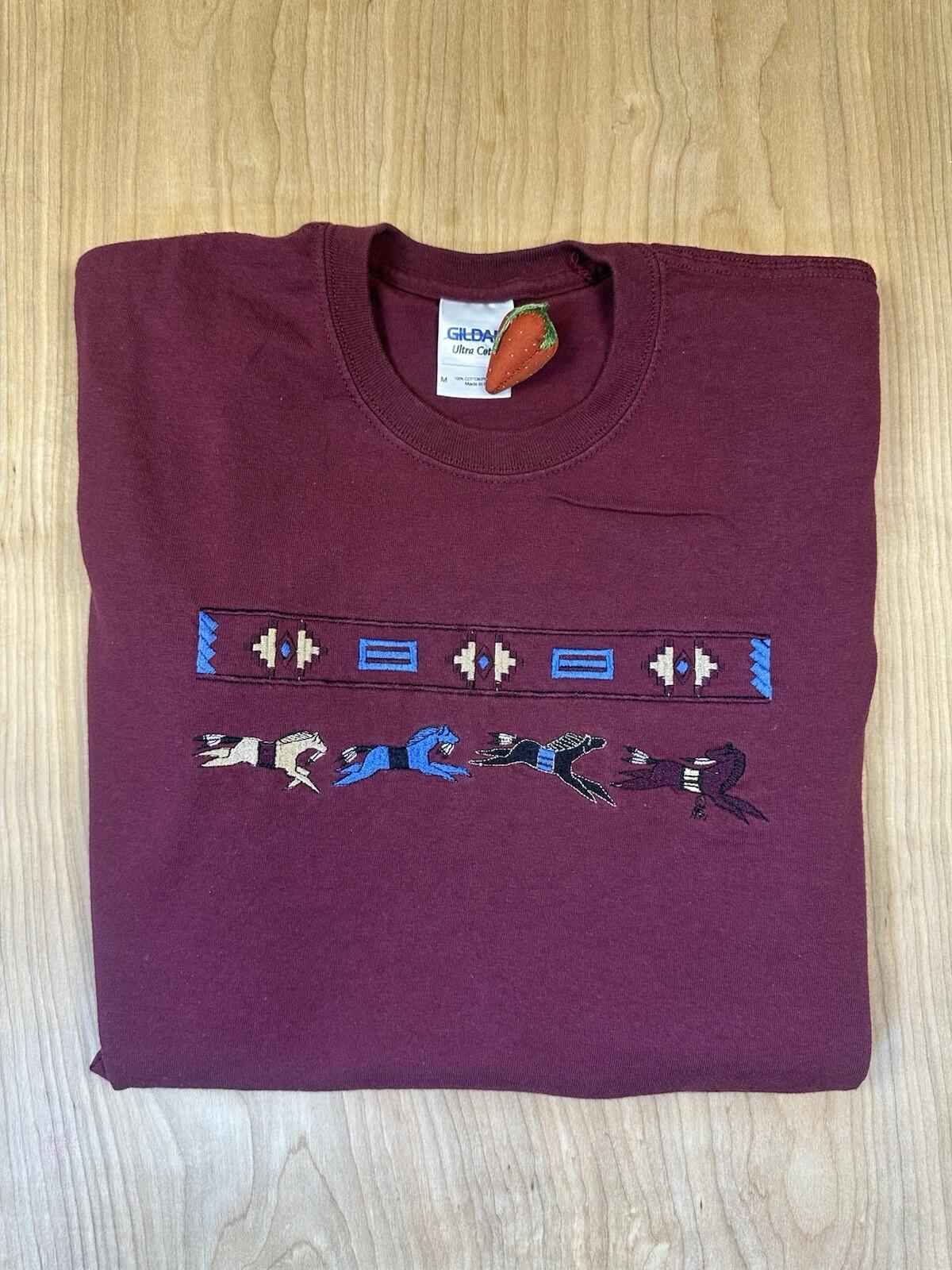 vintage 90's HORSES SOUTH WESTERN embroidered T SHIRT maroon MEDIUM indian AZTEC