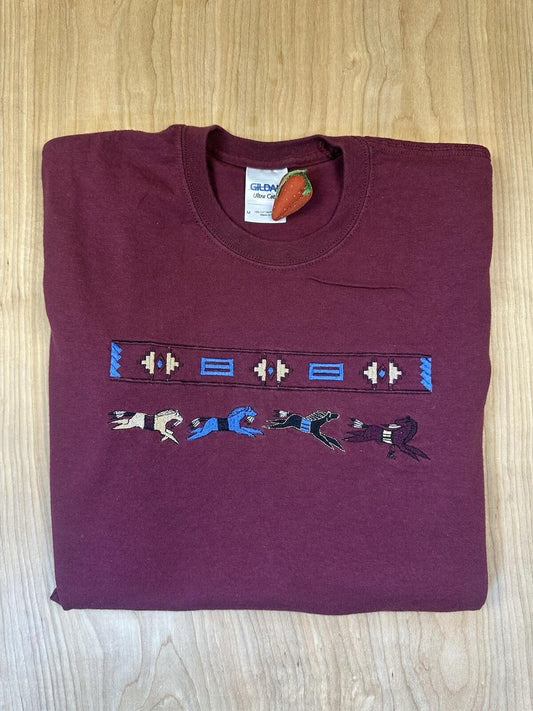 vintage 90's HORSES SOUTH WESTERN embroidered T SHIRT maroon MEDIUM indian AZTEC