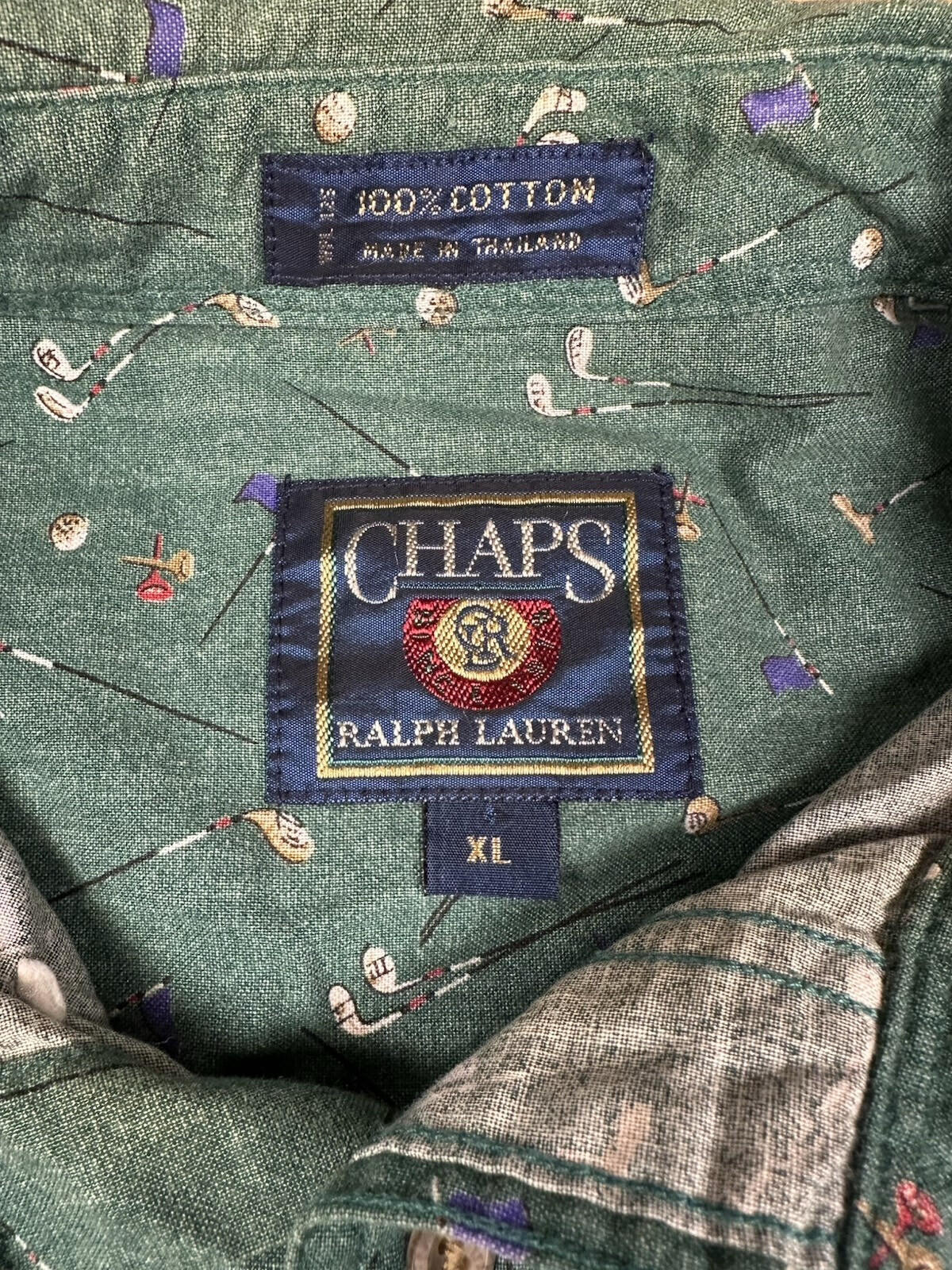 vintage 90's CHAPS RALPH LAUREN button down ALL OVER GOLF PRINT cotton XL green