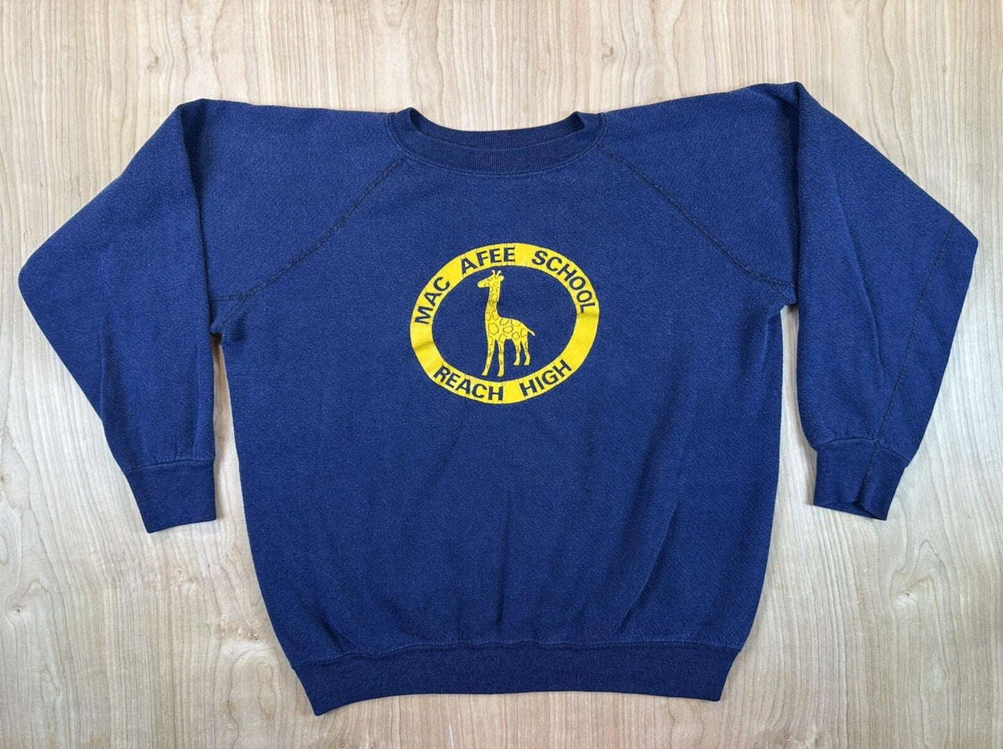 vintage 80's MAC AFEE SCHOOL sweatshirt GIRAFFE raglan BLUE small SOFT WORN wow