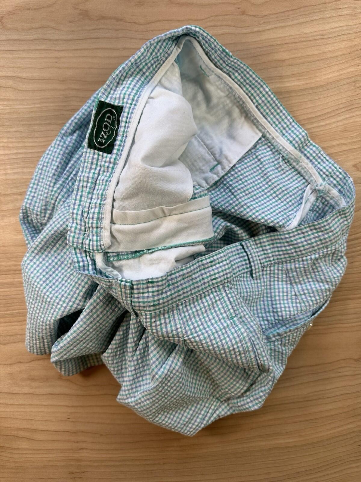 vintage 80's IZOD pleated SHORTS green and blue GINGHAM seersucker PREPPY