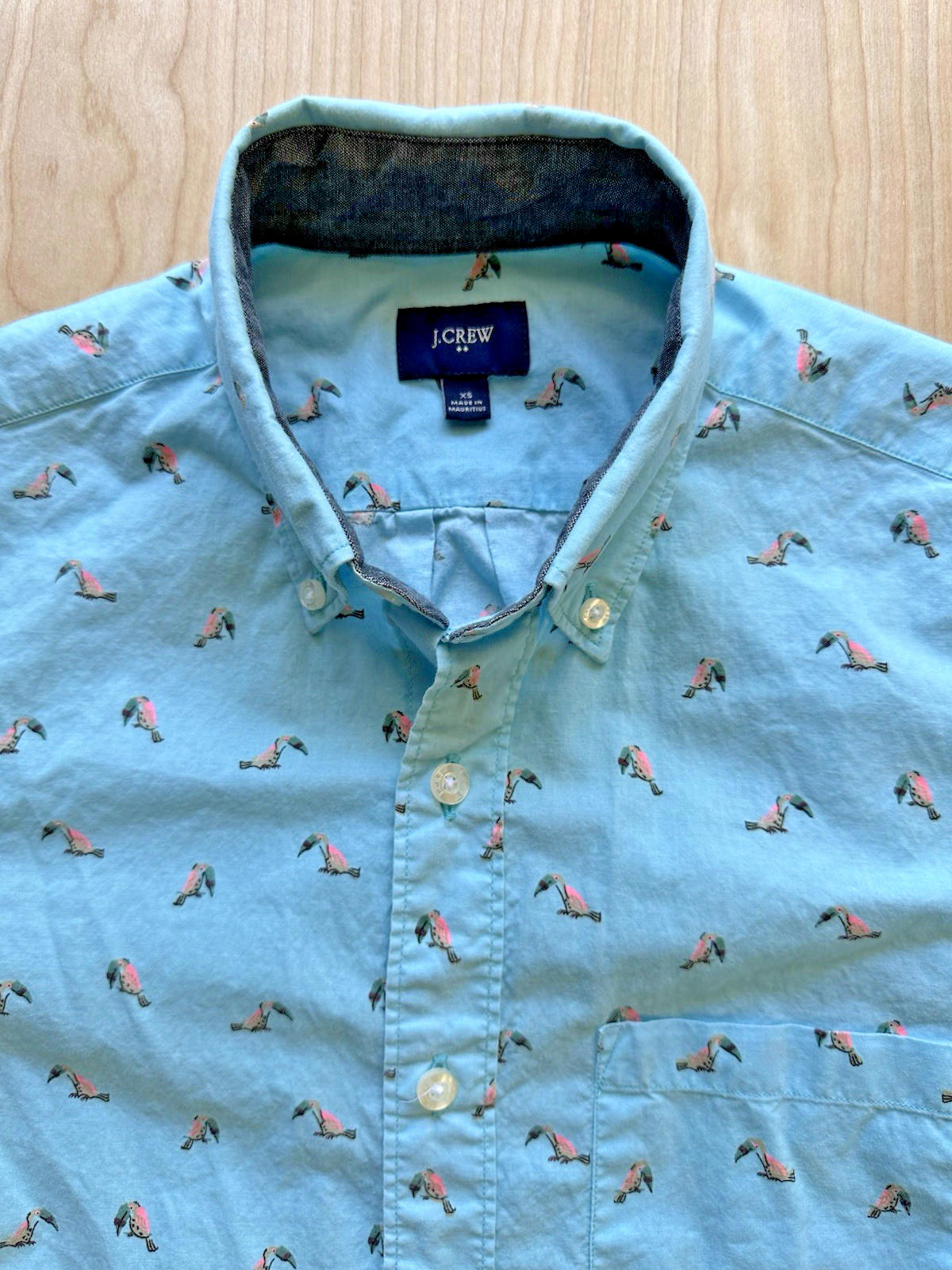 J CREW OXFORD tucan print BUTTON UP teal TROPICAL xtra small PREPPY
