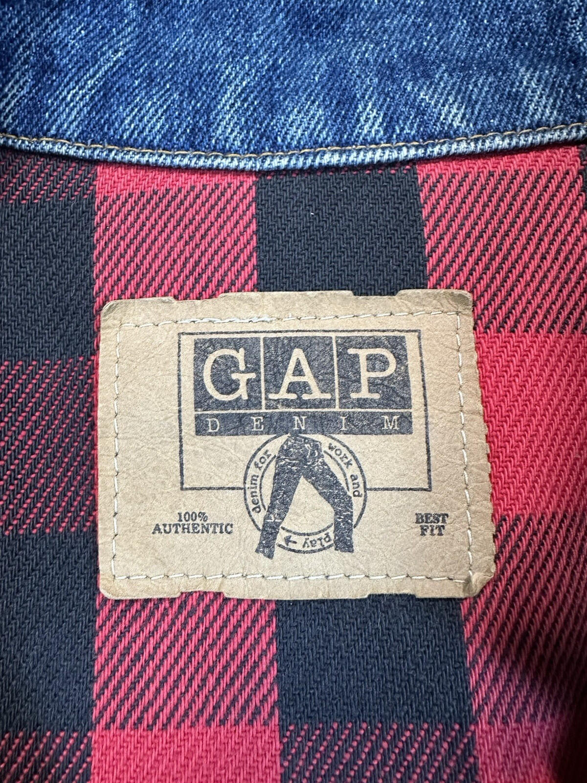 vintage 90's GAP denim jacket BUFFALO PLAID lined COUNTRY preppy MEDIUM