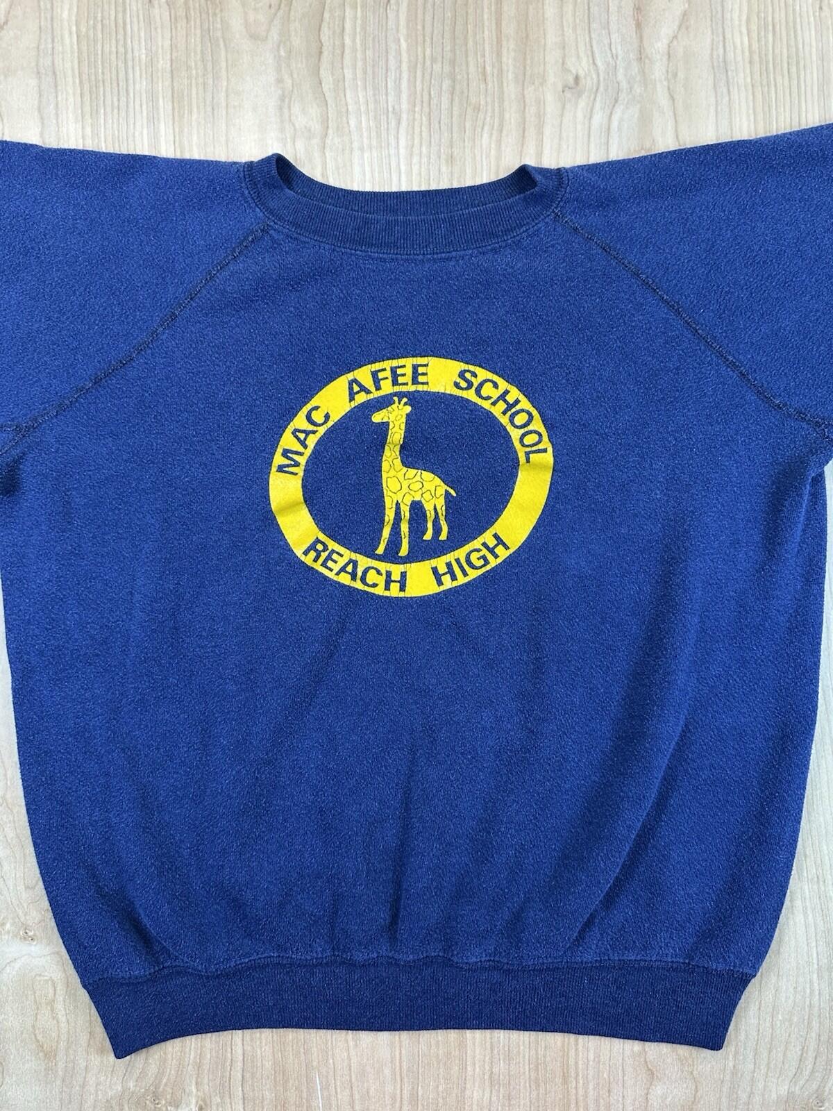 vintage 80's MAC AFEE SCHOOL sweatshirt GIRAFFE raglan BLUE small SOFT WORN wow