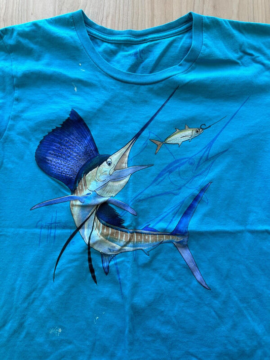 Guy Harvey T shirt medium sword fish paint splattered fitted style sport fishing