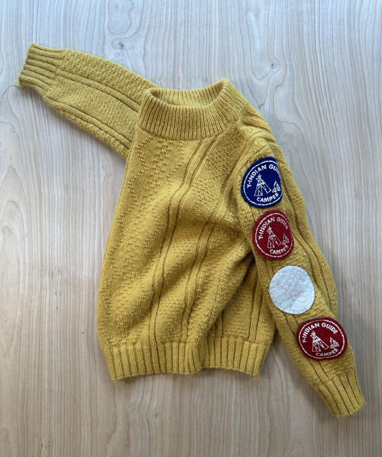 vintage kid size mustard yellow BOY SCOUT SWEATER mock neck home made 1970's