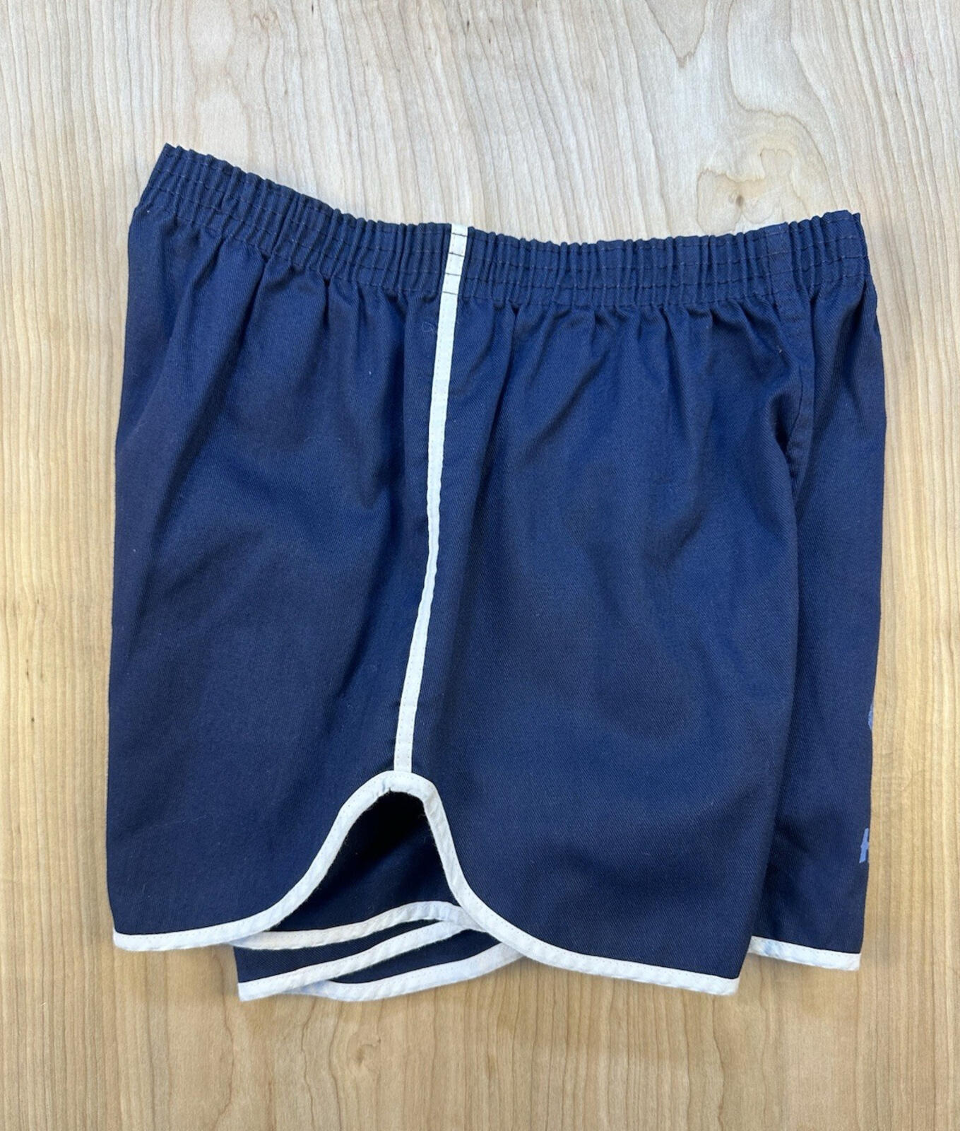 vintage 80's GYM SHORTS large BLUE with WHITE PIPING velva sheen HAWKS LOGO usa