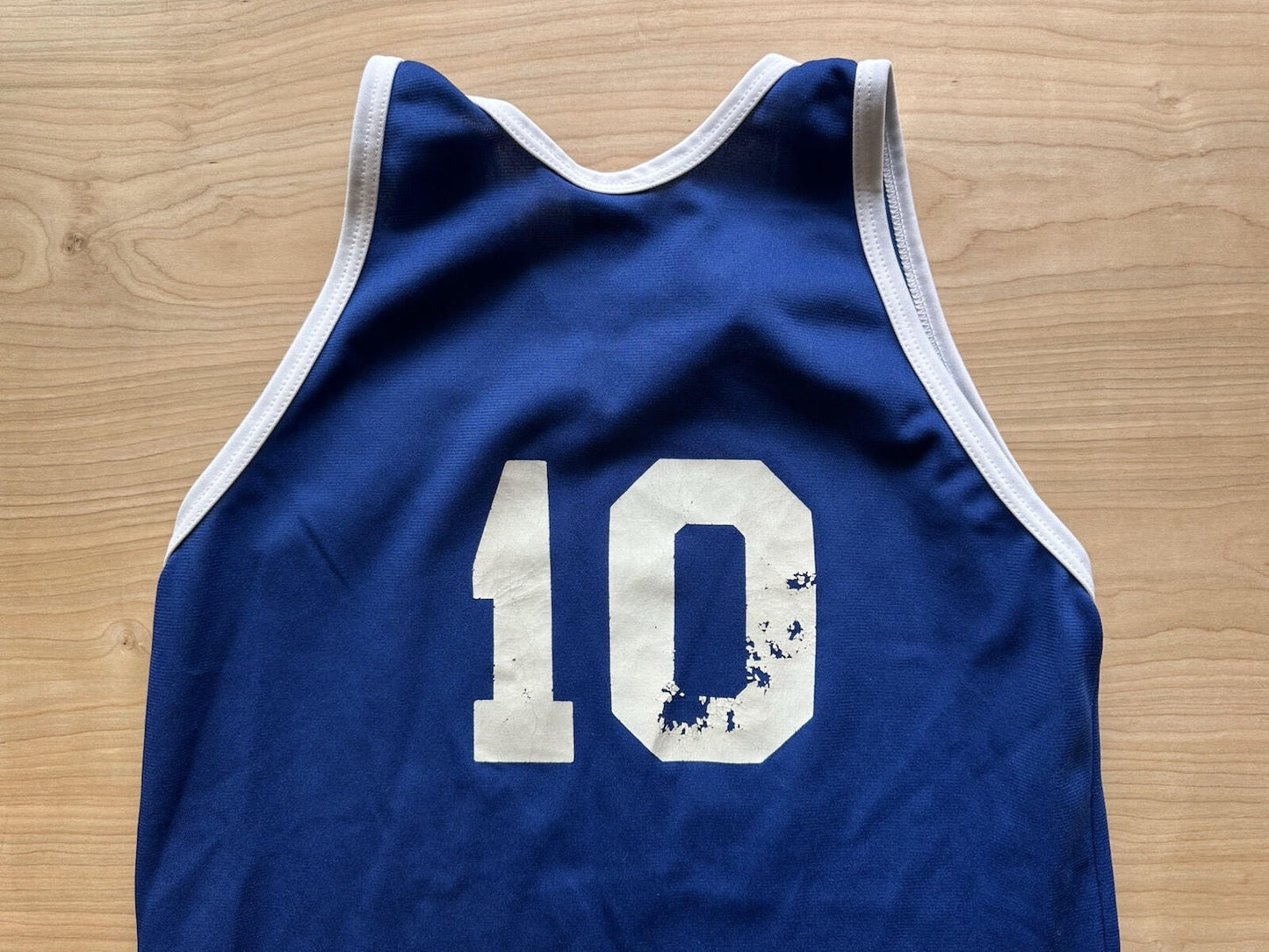 vintage 90's BASKETBALL jersey LARGE blue and white ringer FADED worn #10 NJHC