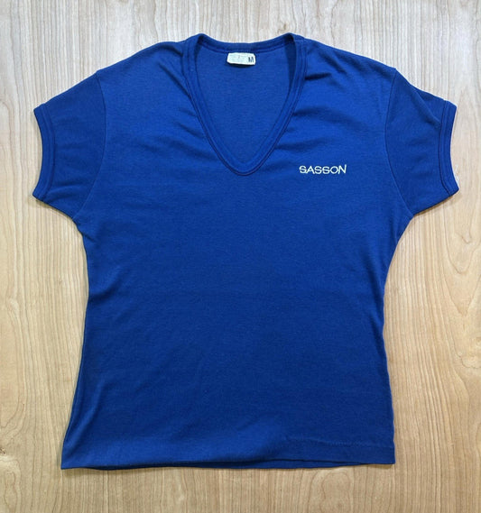 vintage 80's SASSON blue V NECK short sleeve SHIRT medium NEW WAVE valley girl