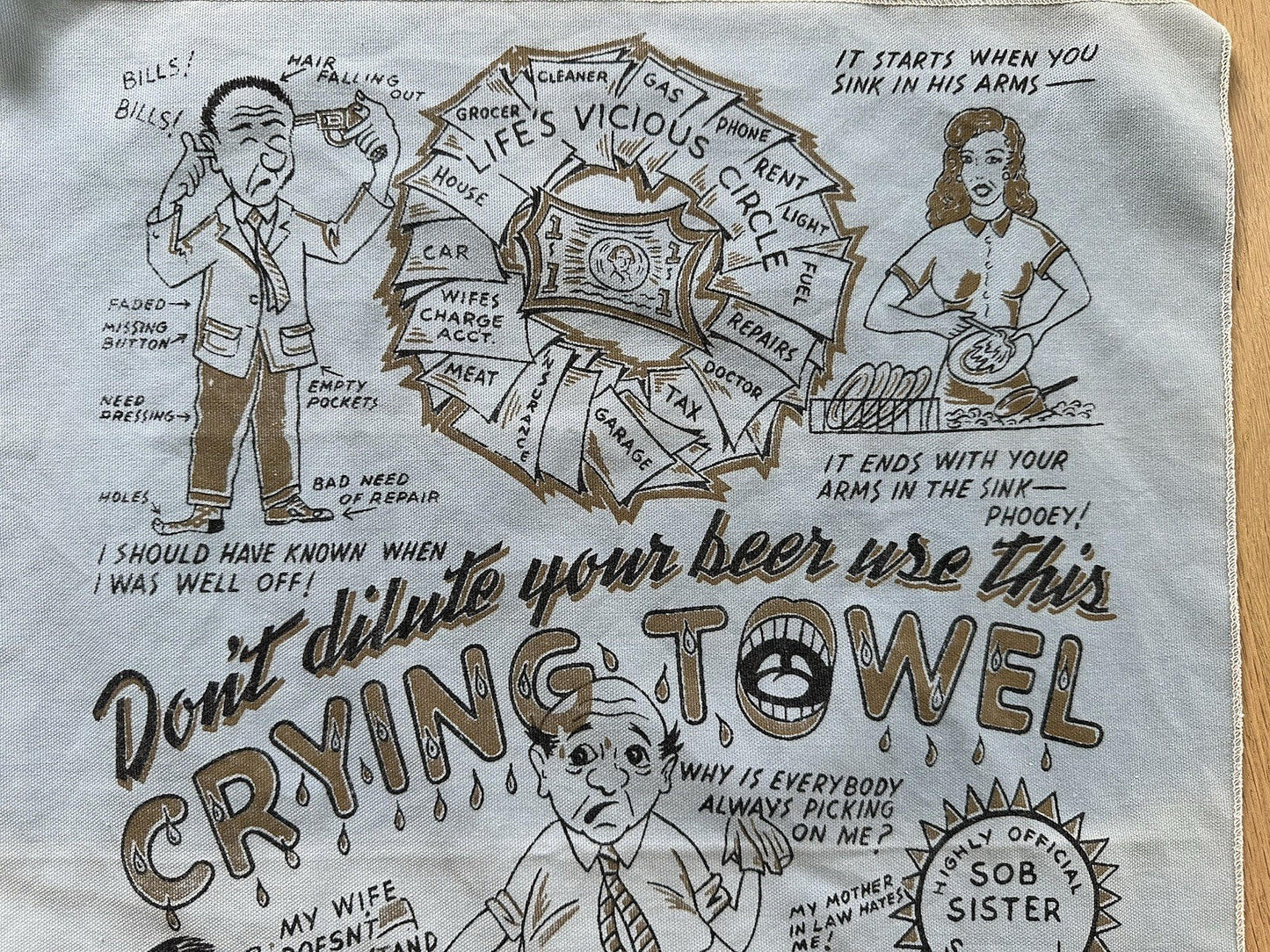 vintage 50's 60's bar ware TEA crying TOWEL cartoon comedy TATTOO FLASH