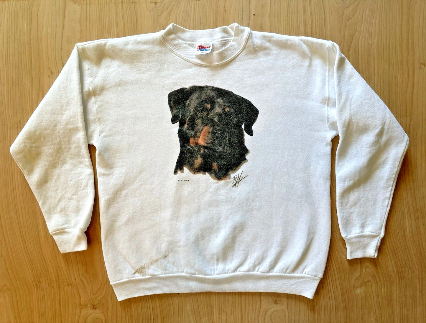 vintage 1990's paint splattered ROTTWEILER white SWEATSHIRT hanes USA indie