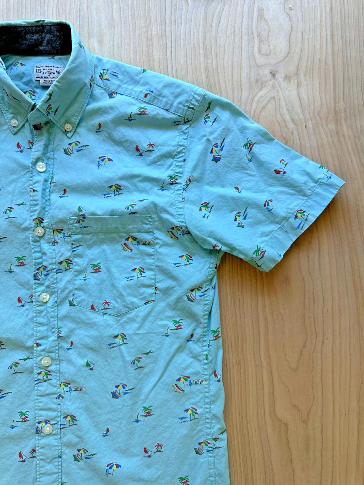 J CREW OXFORD beach print BUTTON UP teal SAILBOAT xtra small PREPPY