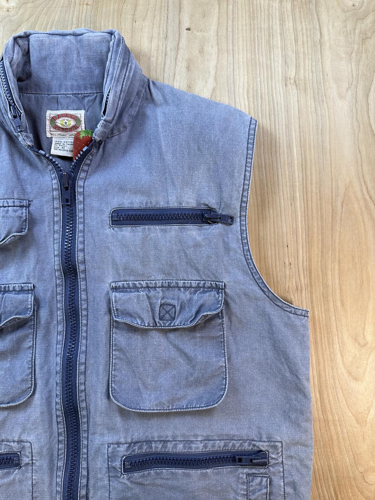Vintage 80s Banana Republic Safari Vest medium blue cotton hood Blue faded sport