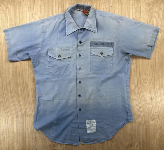 Vintage 80s Navy Chambray short sleeve Medium Navshirt Faded stenciled lt blue