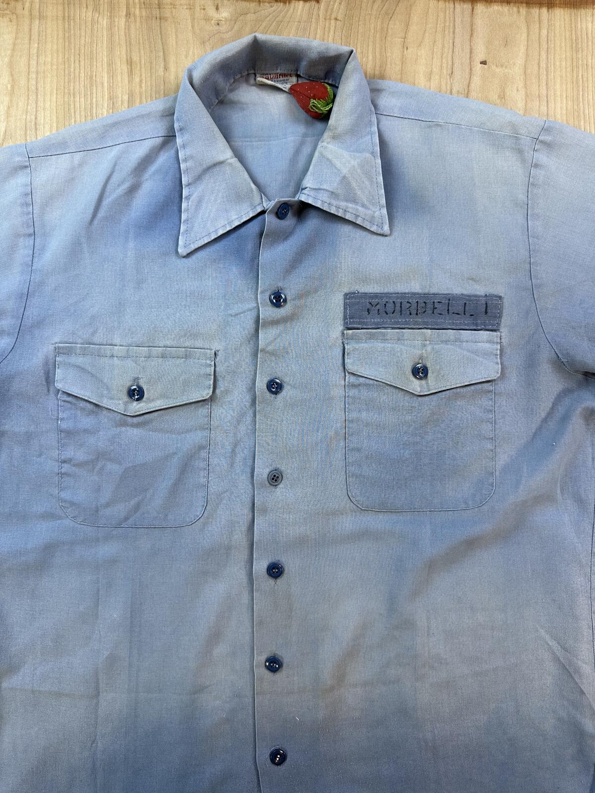 Vintage 80s Navy Chambray short sleeve Medium Navshirt Faded stenciled lt blue