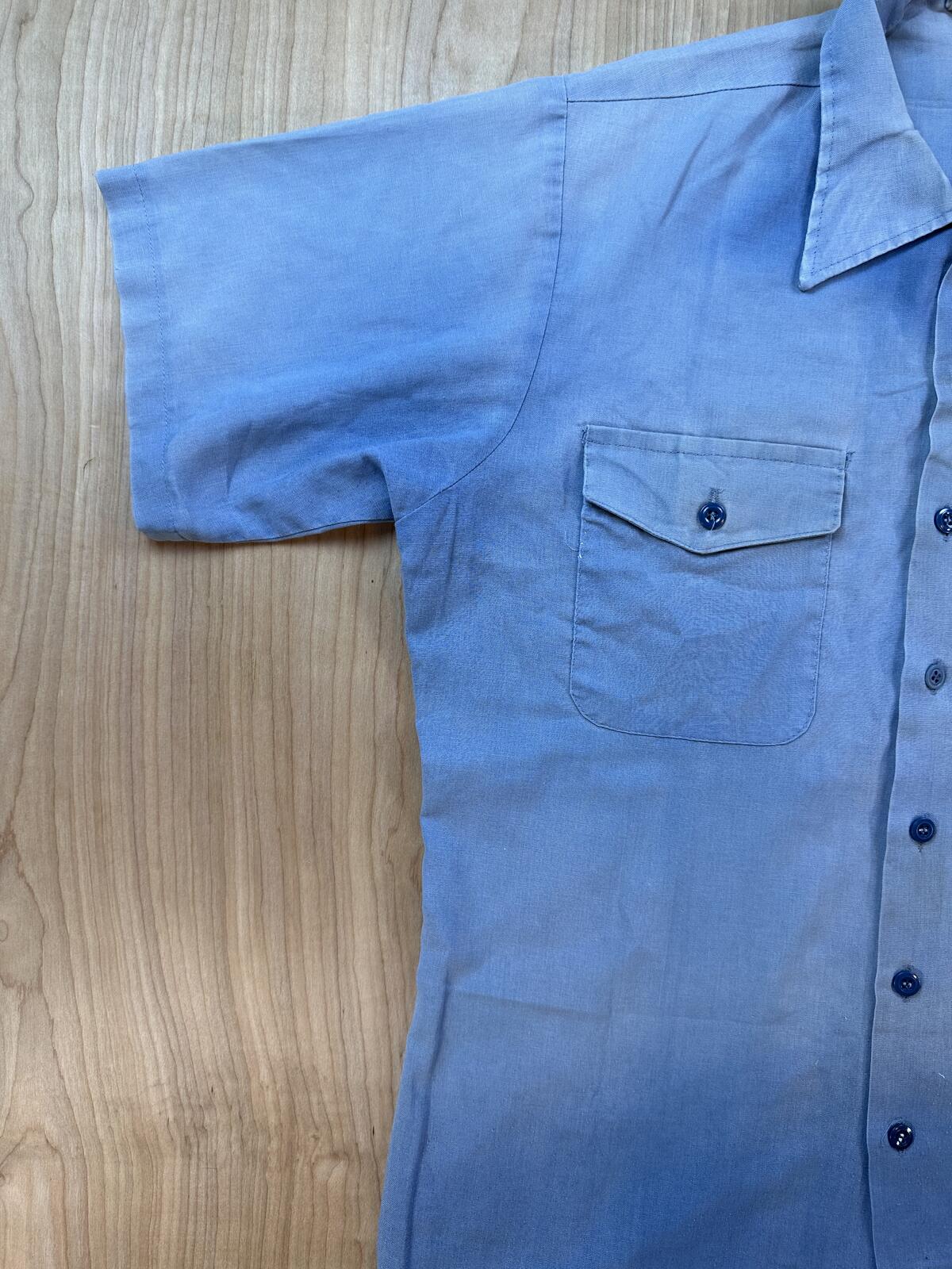 Vintage 80s Navy Chambray short sleeve Medium Navshirt Faded stenciled lt blue