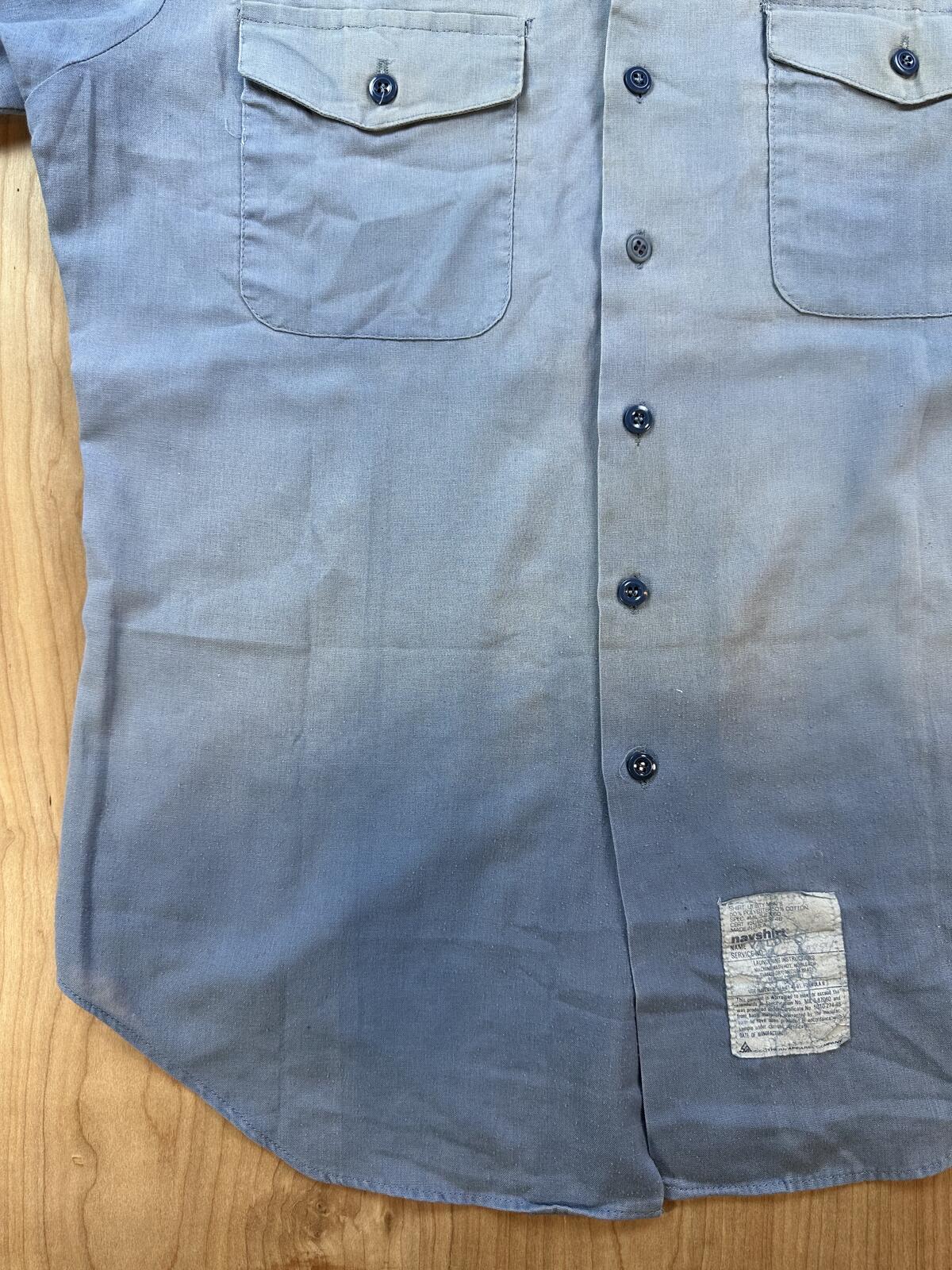 Vintage 80s Navy Chambray short sleeve Medium Navshirt Faded stenciled lt blue