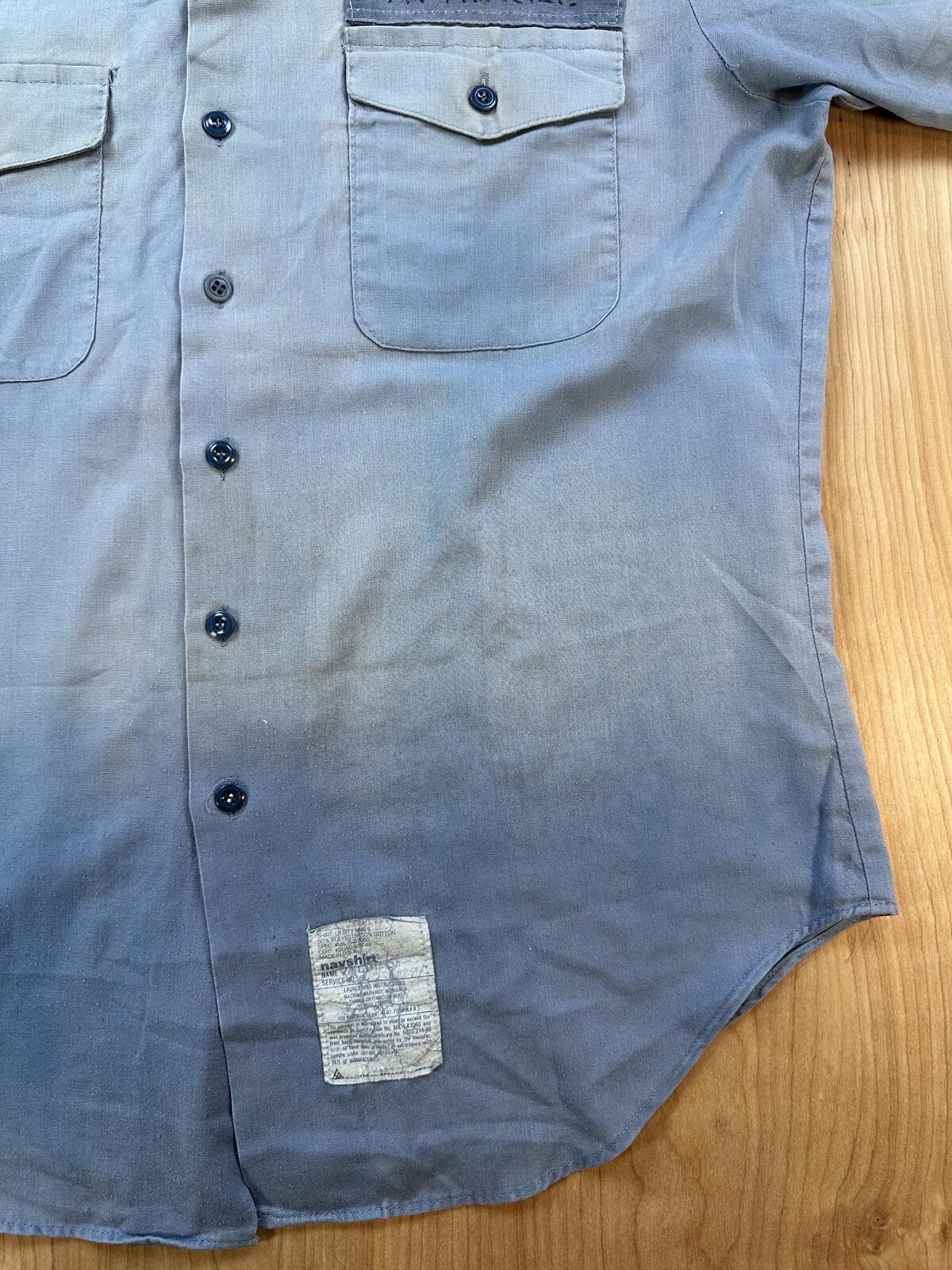 Vintage 80s Navy Chambray short sleeve Medium Navshirt Faded stenciled lt blue
