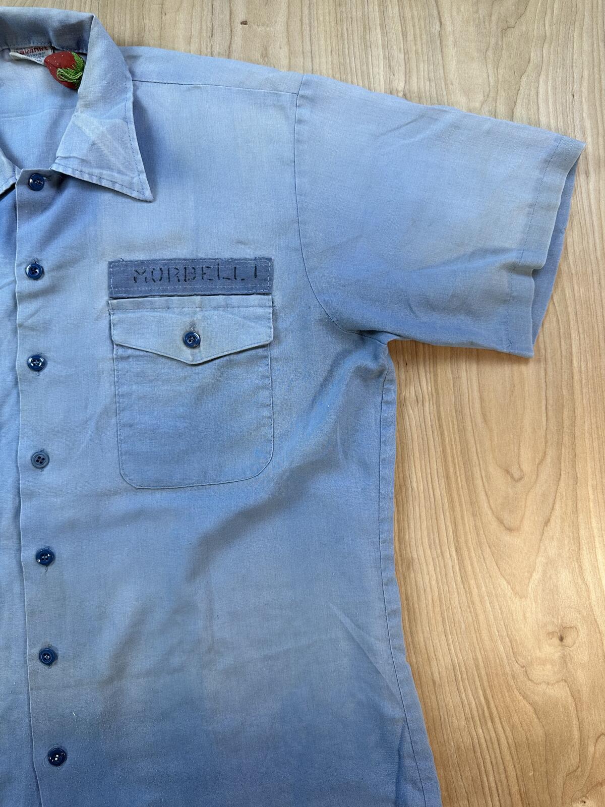 Vintage 80s Navy Chambray short sleeve Medium Navshirt Faded stenciled lt blue