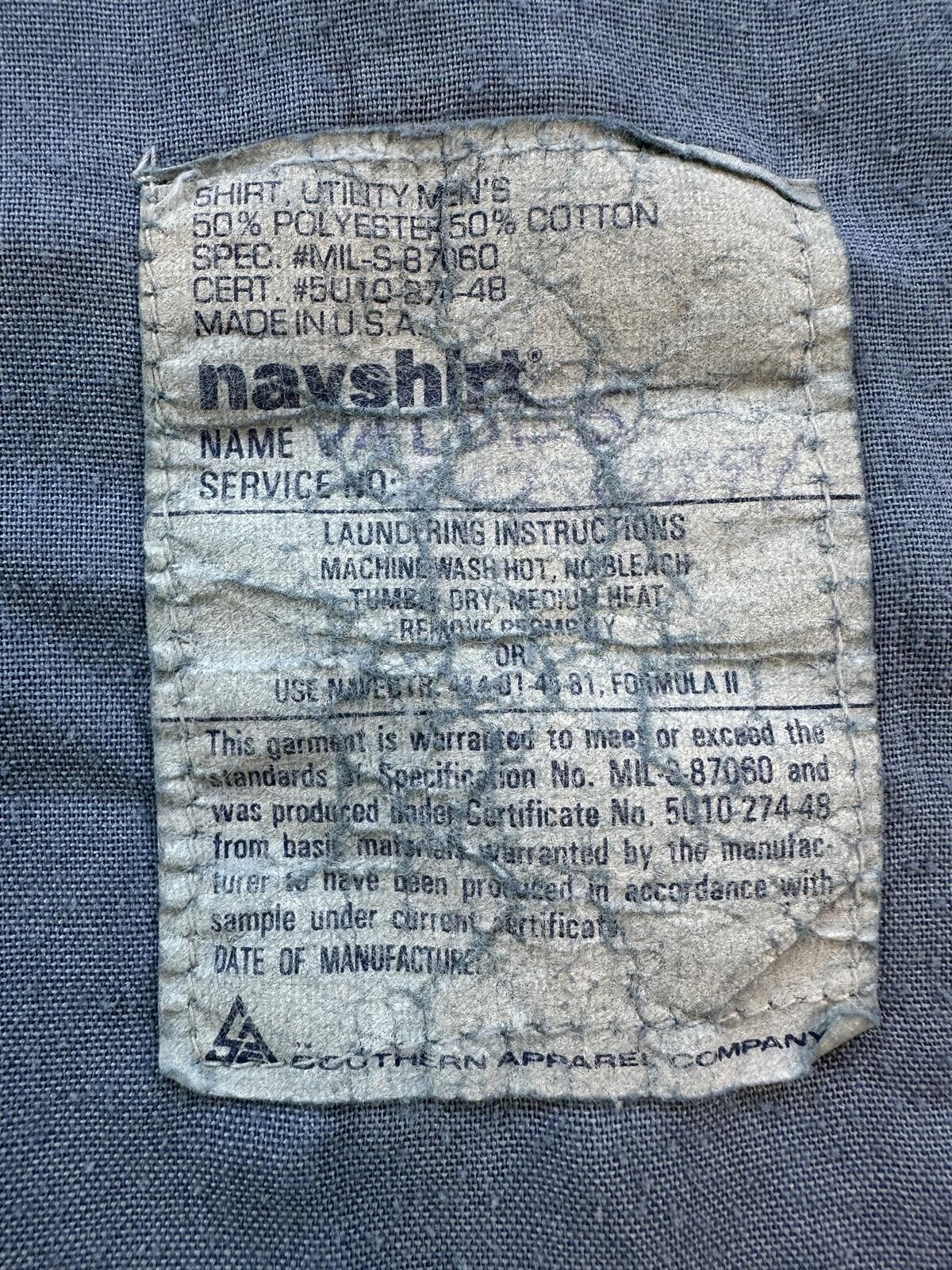 Vintage 80s Navy Chambray short sleeve Medium Navshirt Faded stenciled lt blue