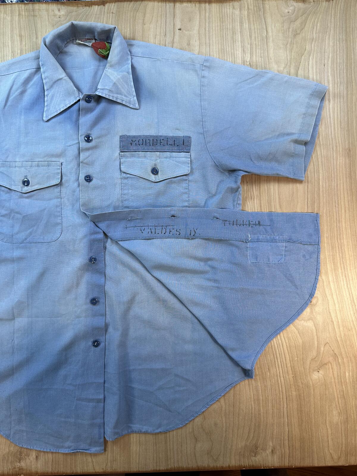Vintage 80s Navy Chambray short sleeve Medium Navshirt Faded stenciled lt blue