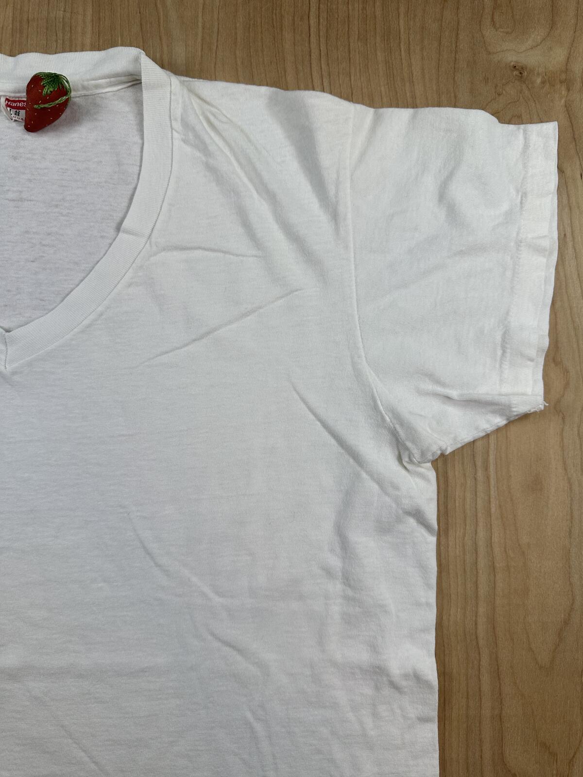 Vintage 80s Hanes tshirt Single Stitch v neck large white 100% cotton made usa