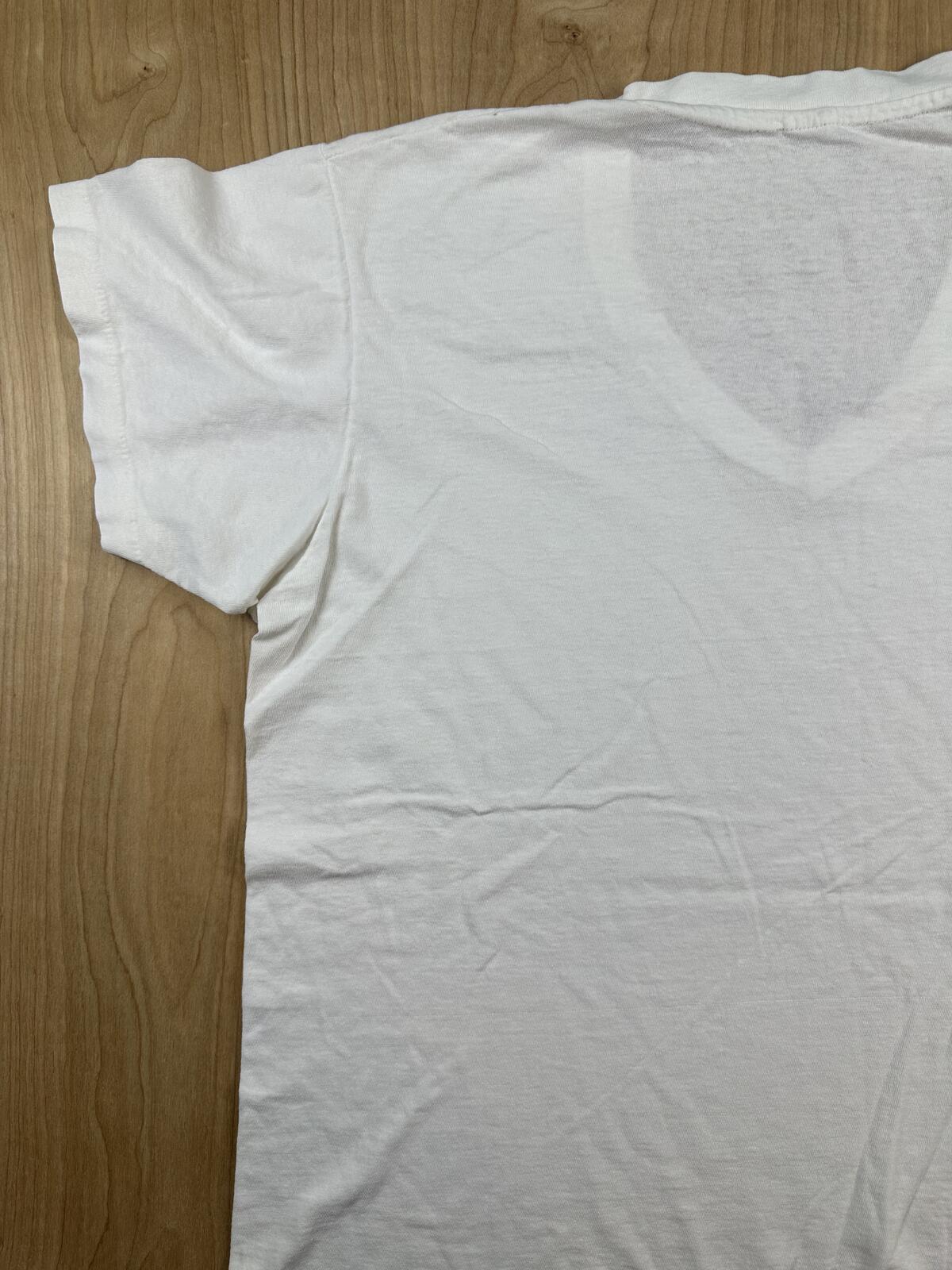 Vintage 80s Hanes tshirt Single Stitch v neck large white 100% cotton made usa