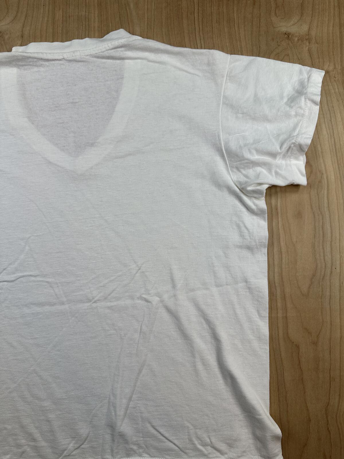 Vintage 80s Hanes tshirt Single Stitch v neck large white 100% cotton made usa