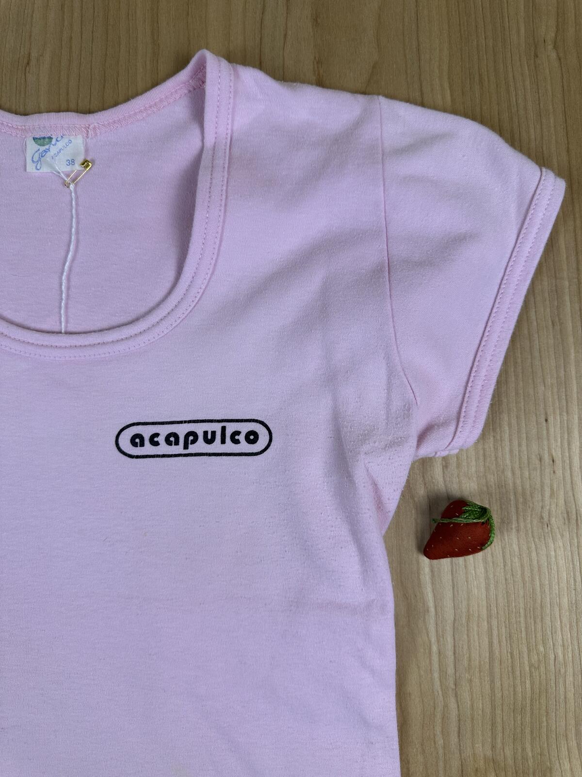 Vintage 80s Acapulco baby t scoop neck small pink vacation cute tight cap sleeve