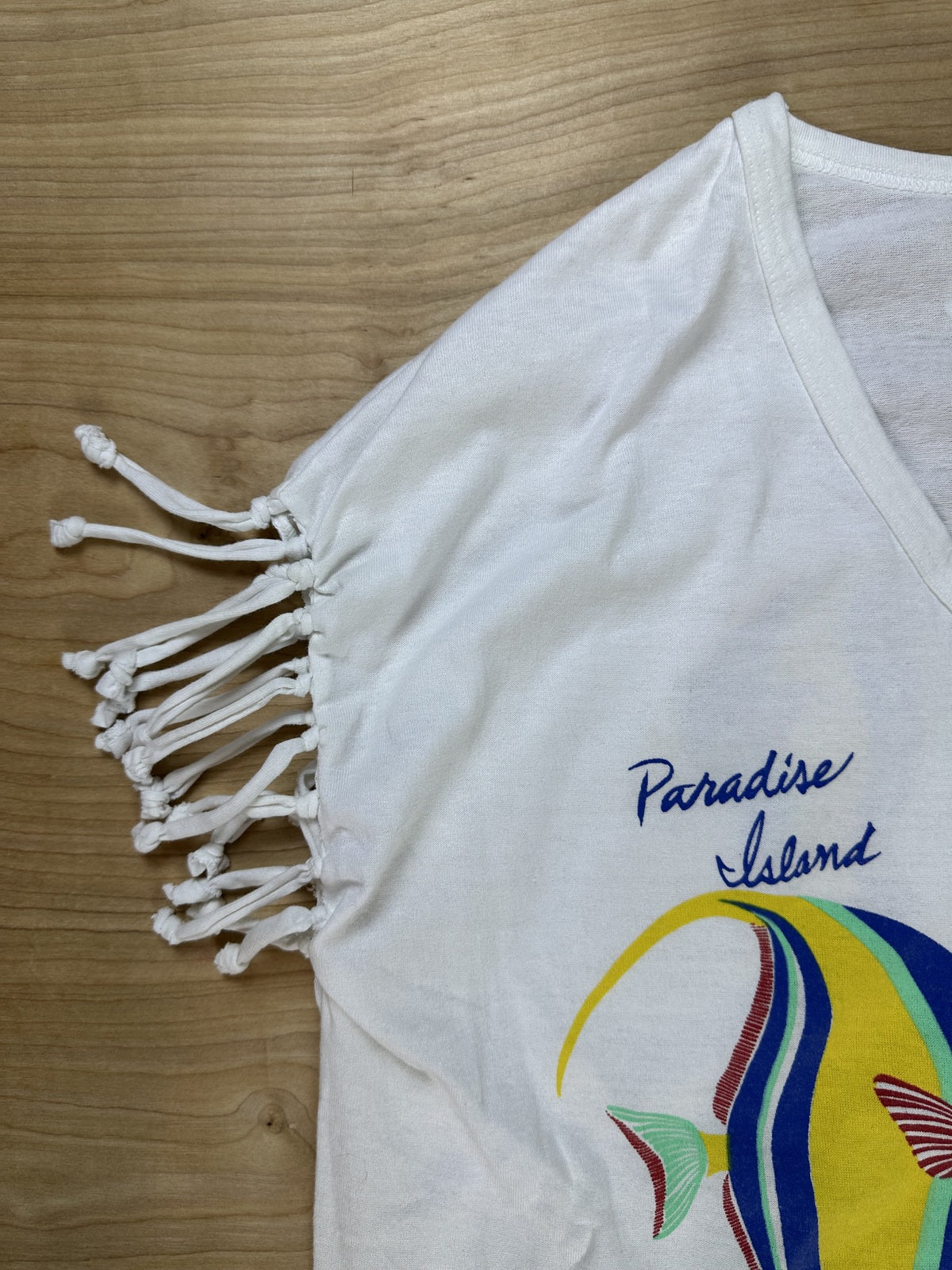 Vintage 80s Paradise Island Fringe tshirt coverup vacation beach tropical