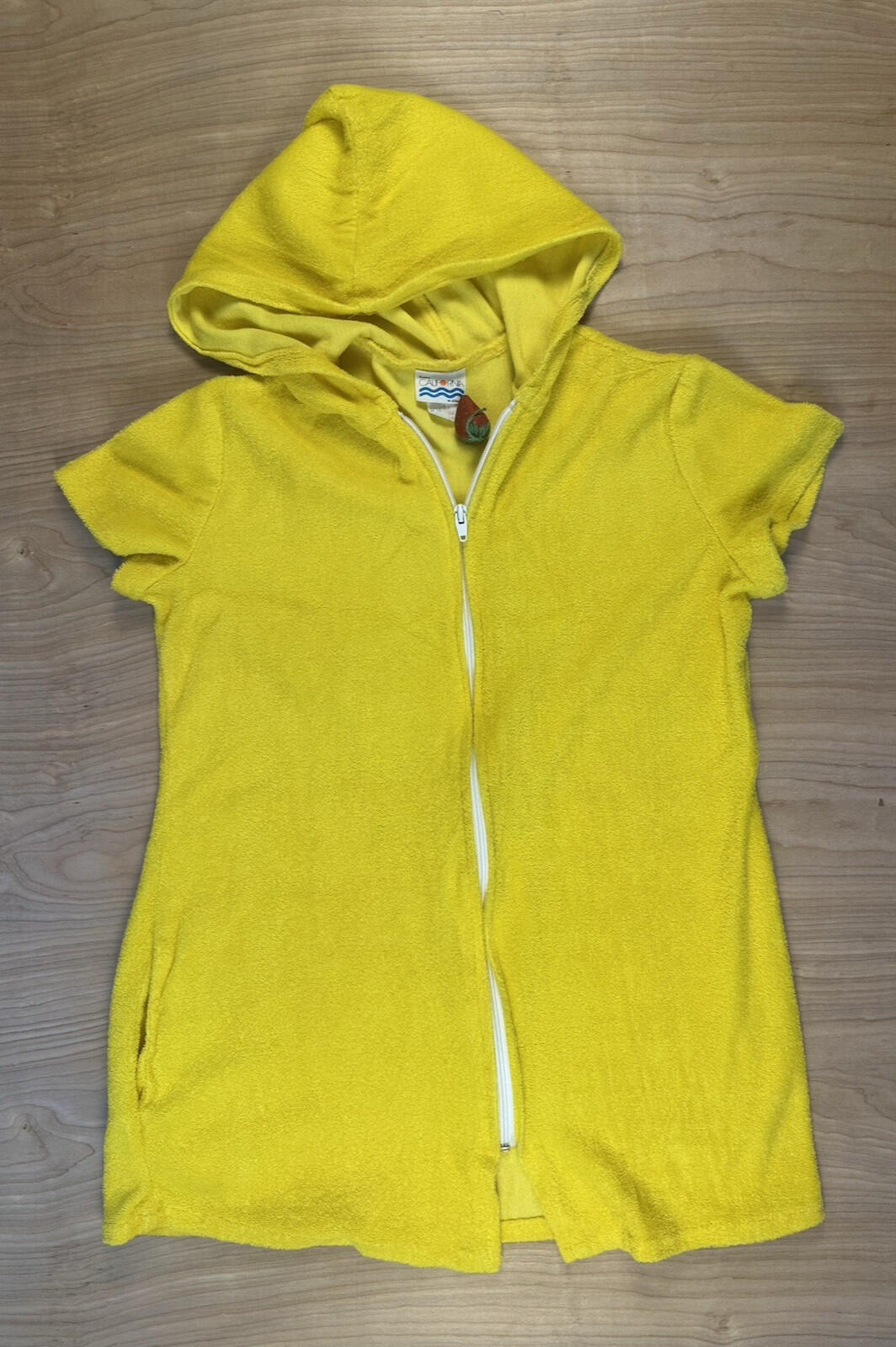 vintage 80's JC PENNY california YELLOW TERRY CLOTH BEACH COVERUP large HOOD