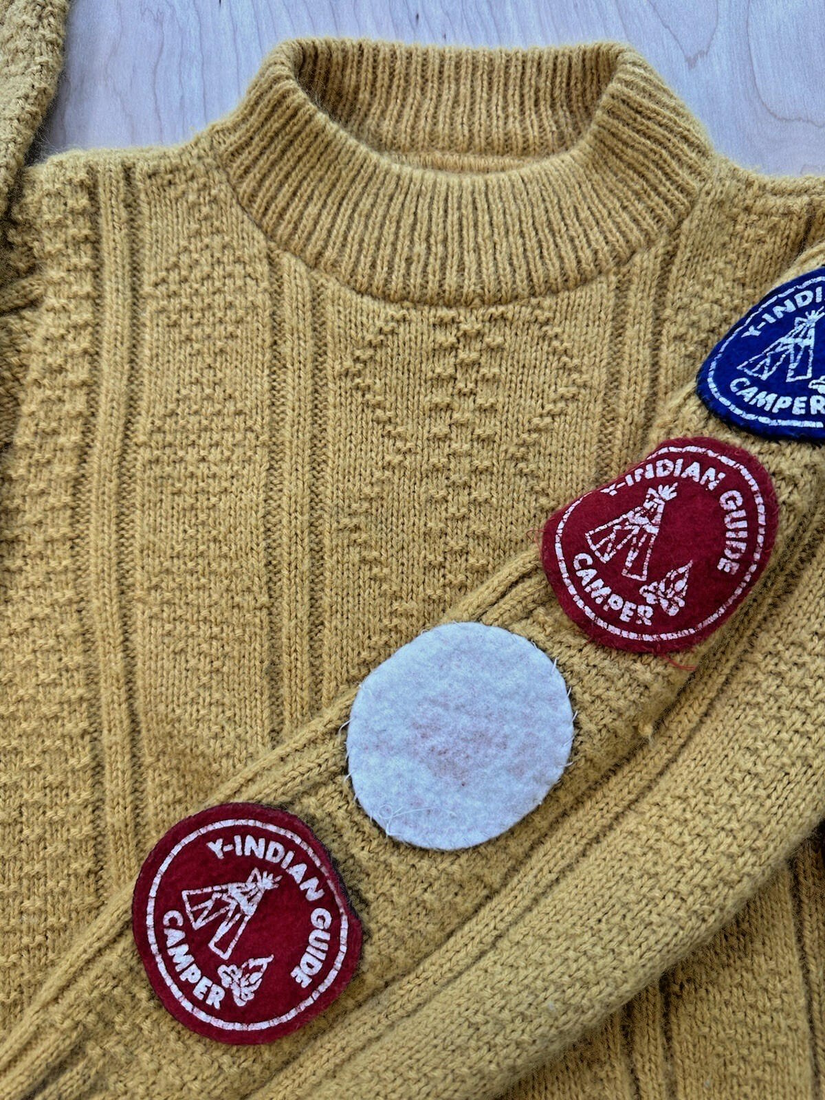 vintage kid size mustard yellow BOY SCOUT SWEATER mock neck home made 1970's