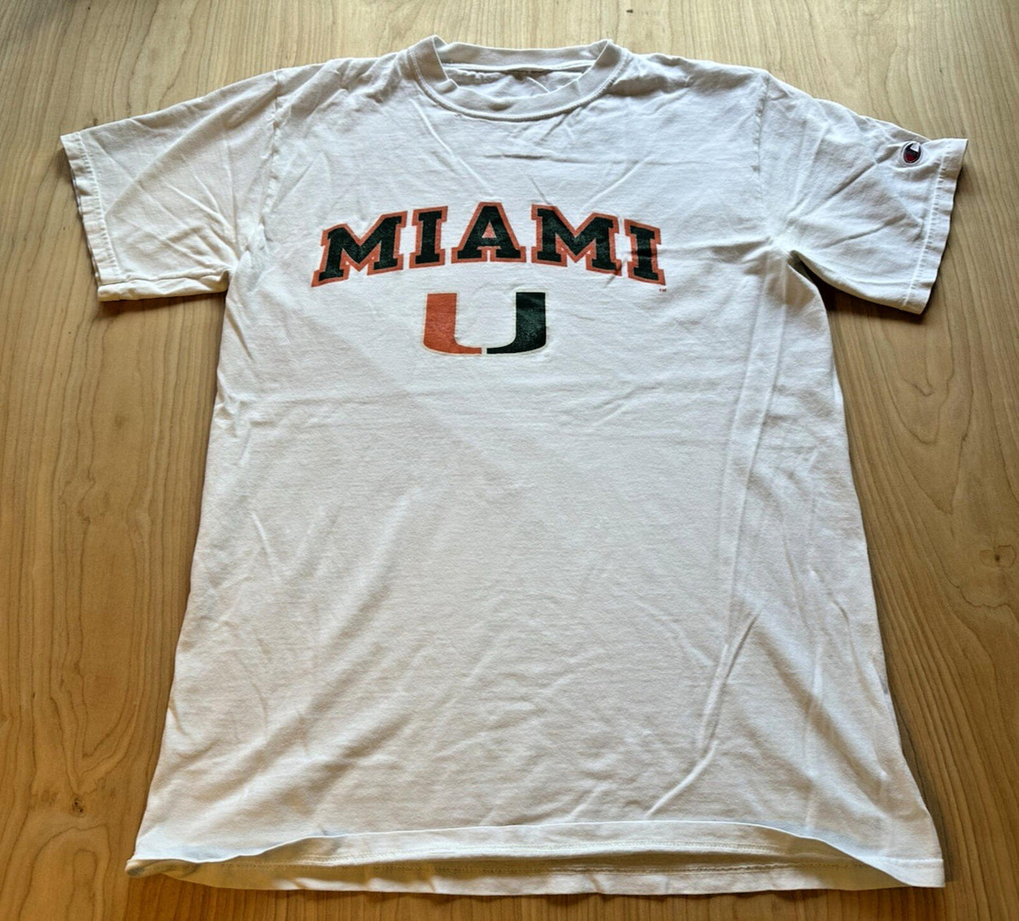 vintage UNIVERSITY OF MIAMI champion T SHIRT worn out FADED medium WHITE soft