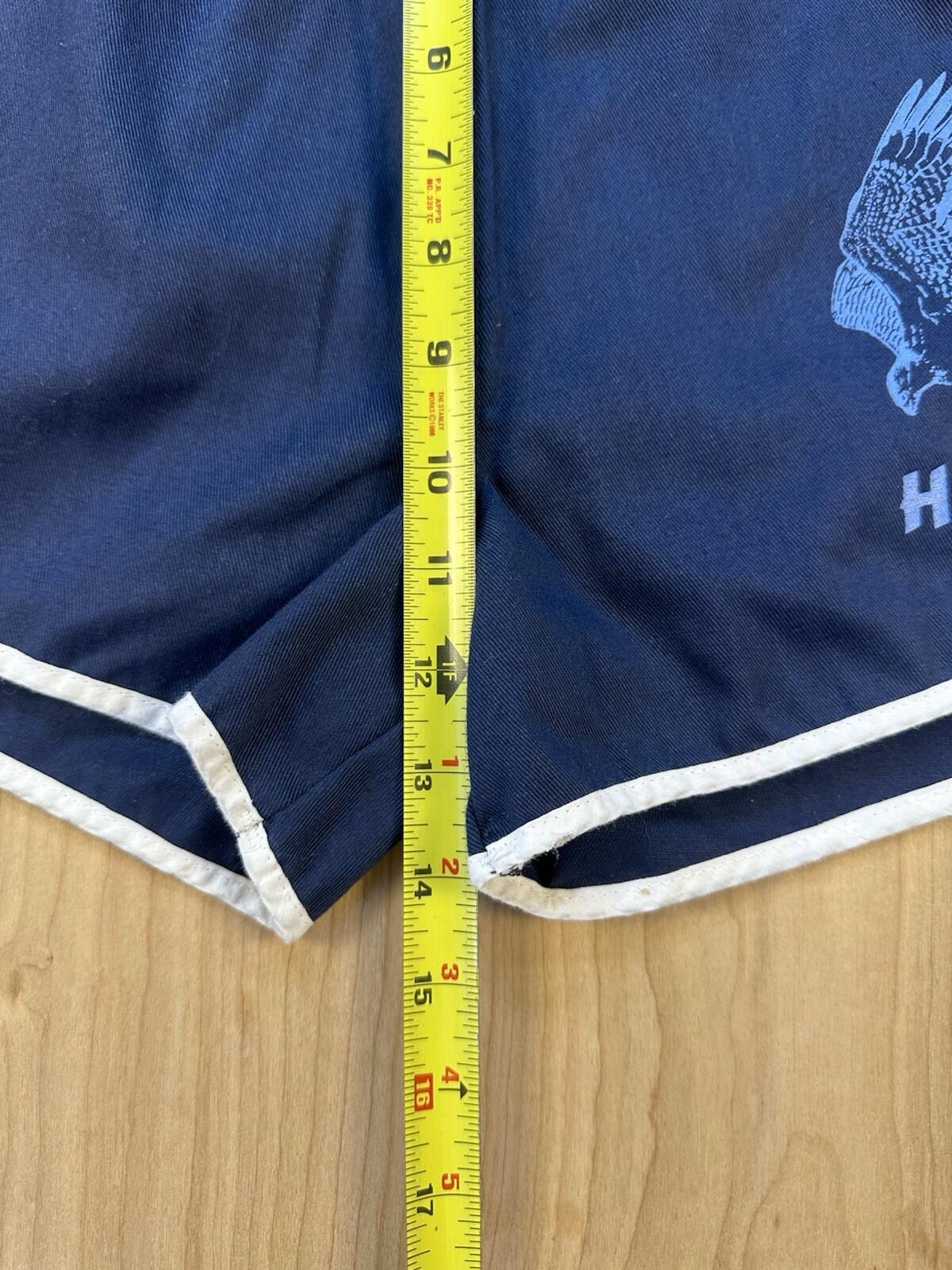 vintage 80's GYM SHORTS large BLUE with WHITE PIPING velva sheen HAWKS LOGO usa
